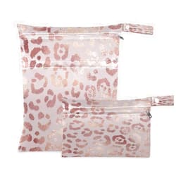 AUUXVA Wet Dry Bags Set Pastel Pink Leopard Print,Cloth Diaper Wet Bag Waterproof Reusable with Two Zippered Pockets for Travel Beach Pool Swimsuits Wet Clothes,2pcs