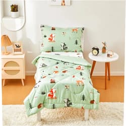beeweed 4 Pieces Woodland Animal Toddler Bedding Set Boys Girls, 2 Sides Design Fox Bed in a Bag Comforter Set, Includes 1 Comforter, 1 Fitted Sheet, 1 Flat Sheet and 1 Reversible Pillowcase