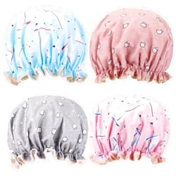 Tbestmax 4 Pcs Shower Caps Hat for Women and Girl, Reusable Waterproof Bath Cap Double Waterproof Layers Cat and Boat Pattern