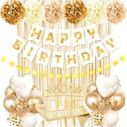 Miucat Golden Birthday Party Decorations for Women Girls , 46Pcs Gold Birthday Decorations Include Birthday Girl Sash Crown Fringe Curtain Balloons for Women Girls Party Supplies