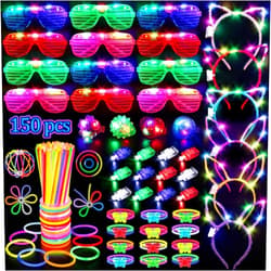 TSDATOWR 150PCS Glow in the Dark Party Supplies for Kids Adults, Light Up Party Favors with Light Up Glasses, Headband, Rings, 100 Glow Sticks Bulk Party Pack DIY Glow Necklaces Bracelets, Neon Party Supplies