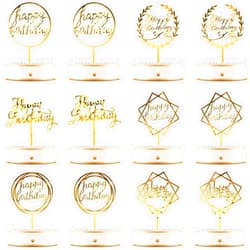 Queekay 12 Pieces Acrylic Happy Birthday Cake Topper Glitter Birthday Cupcake Topper Pick Decorations for Birthday Party Cake Desserts Pastries, 6 Styles (Gold)