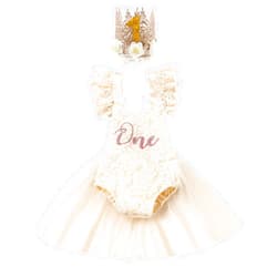 IMEKIS Baby Girl 1st Birthday Outfit Lace Tulle Romper Princess Tutu Dress Headband Shiny ONE Cake Smash Photo Shoot Clothes