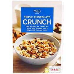 Marks & Spencer Triple Chocolate Crunch 500g - Light and crunchy, these oat clusters are mixed with dark and white chocolate curls and Belgian milk chocolate chunks