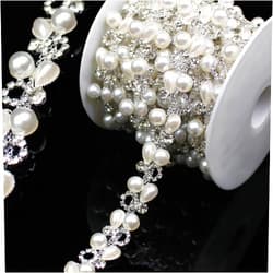 PEARLY JUN 1 Yard Pearl Chain Silver Rhinestone Trim String Crystal Applique Fringe Ribbon Strips Beads Sewing Dress DIY Party Wedding Bouquet for Decoration Bridal Costume Embellishment