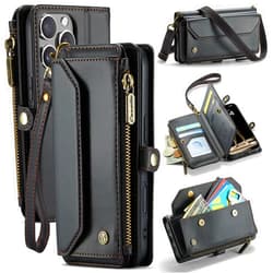 WAWZ for iPhone 16 Pro Case, Women Men Multi-Function Wallet Case with Stand RFID Blocking Featuring Magnetic Closure Zipper Includes Shoulder Strap Wrist Strap (Black)