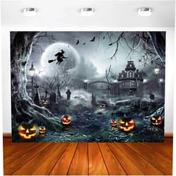 Avezano Halloween Photography Backdrop Full Moon Scary Night Castle Pumpkins Party Background Spooky Witch Bats Cemetery Child Kids Halloween Party Decorations Photoshoot Backdrops (7x5ft, Gray)