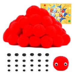 LOKUNN 1 Inch Pom Poms, Red Pom Poms for Arts and Craft, Soft and Fluffy Pom Pom Balls with Self-Adhesive Eyes, Pompoms for DIY Art Creative Crafts
