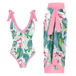 IMEKIS Women 2 Pieces Beach Swimsuit Floral Print Tropical Bikini Swimsuit with Cover up Wrap Skirt Bathing Suits
