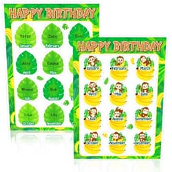 Qyeahkj 17.7 x 13.7 in Happy Birthday Chart Poster Set Safari Monkey Calendar Birthday Classroom Decorations Jungle Theme Animal Birthday Chart Bulletin Board Back to School Teaching Supplies Decor