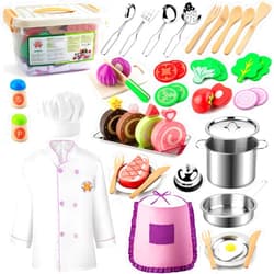 EFO SHM 44PCS Play Kitchen Accessories, Wooden Play Food, Kids Kitchen Pretend Play Toys with Stainless Steel Play Pots & Pans Sets, Apron & Chef Clothes, Kitchen Toys for Toddlers Preschoolers Kids