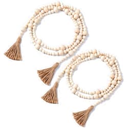 Jetec 2 Pieces Christmas Wood Bead Garland with Tassels 14.8 Feet Farmhouse Wooden Bead Hanging Garland Natural Holiday Tiered Tray Decor for Christmas Decoration (Natural Wood Color)