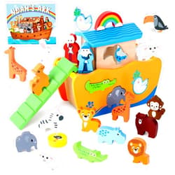 Hoarosall 27-Piece Wooden Noah's Ark Toy for 1-3 Year Olds Baptism Christmas Birthday Gift Bilingual Bible Story Montessori Shape Sorter Christian Educational Toy for Boys Girls