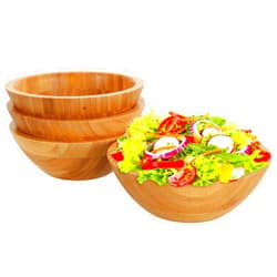 Lawei Set of 4 Bamboo Salad Bowls - 7 x 2.25 Inch Wood Serving Bowls Individual Meal Bowls Fruits, Salad, Pasta, Cereal, Rice and Snacks
