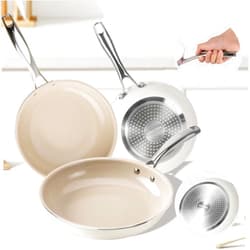 KIKCOIN 3-piece cookware set, premium non-stick - durable, versatile cooking essentials, kitchen must-have, easy to clean, induction, oven and dishwasher safe, khaki - perfect for home cooking.