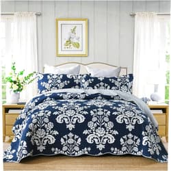Qiqiong King Quilt Set, 100% Cotton Floral Quilted Bedspread King Size Farmhouse Paisley Reversible Quilt Bedding Set Lightweight Comforter Set Bed Coverlet for All Season, Navy Blue White 3-Piece