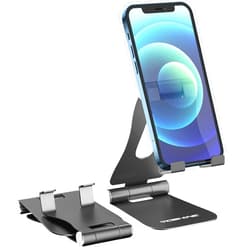 YOSHINE Cell Phone Stand, Upgraded Phone Stand for Desk, Adjustable Tablet Stand, Foldable Portable Aluminum Phone Holder, Cradle, Dock for All iPhone Smartphones and iPad Tablets(4-13in) - Black