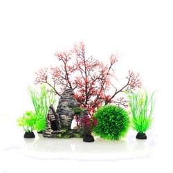 JIH Aquarium Fish Tank Plastic Plants and Cave Rock Decorations Decor Set 7 Pieces, Small and Large Artificial Fish Tank Plants with Cave Rock (CU89Red-7)