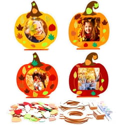 RGISHOP 12 Pack Fall Crafts for Kids Wooden Pumpkin Photo Frame and Maple Leaf Stickers Unfinished Wood Picture Frame for Boys Girls Autumn Thanksgiving Harvest Activity Gift