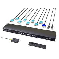 KAGO VGA KVM Switch 8 Ports - KVM Switch with Remote,USB Switcher 8 Computers Share 1 Monitor 4 USB 2.0 Hubs,Keyboard Mouse Printer,8 KVM VGA Cables 1 Desktop Controller 1 IR Remote