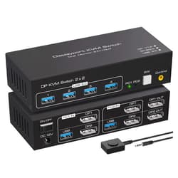 ATLAHET Displayport KVM Switch 2 Monitors 2 Computers 8K 60Hz 4K 120Hz Dual Monitor USB 3.0 KVM Switches for 4 USB Devices, Wired Extension Button,12V DC Adapter and USB3.0 Cables