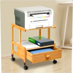 Gdrasuya10 Printer Storage Stand Printer Bamboo Desk Rack Printer Rolling Cart Heavy Duty Display Rack Printer Organizer with Drawer, Wheels and Paper Shelf for Office and Home 2 Layers