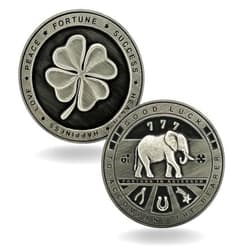 Luck Lab Two Sided Lucky Coin Featuring One Side with a Four Leaf Clover and One Side with Elephant and Lucky Symbols - 1.5 inches