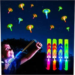 OceanWings 25 Pack LED Flying Toys Set with Whistle,25 Rocket Slingshot+25 Glow Arrow Helicopter for Outdoor Camping Glow in The Dark Party Supplies Flying Outdoor Toys Game LED Slingshot Toy for Kids 8-12,4-8
