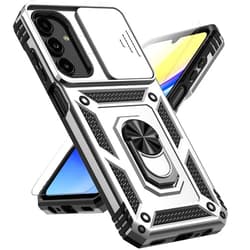 PUSHIMEI for Samsung Galaxy A15 5G Case with Slide Camera Cover HD Screen Protector [Military Grade 16ft. Drop Tested] Magnetic Ring Holder Kickstand Protective Phone Case for Galaxy A15 5G 2024, Silver