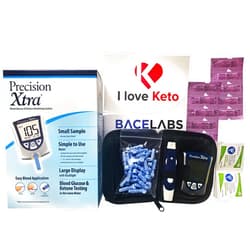 BaceLabs Precision Xtra Blood Glucose and Ketone Monitoring Meter Kit Bundle+10 Precision Xtra Ketone Test Strips+One Month Abbott Freestyle 28 Gauge Lancets+dynarex Alcohol Wipes+I Love Keto Sticker