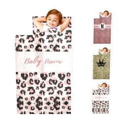 GUPOXI Personalized Toddler Nap Mat with Name for Girls, Customized Kids Sleeping Bag with Pillow Case and Blanket, Custom Leopard Print Napping Mats for Daycare Sleepovers Preschool
