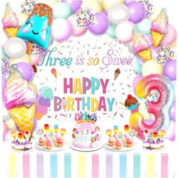 Miucat Ice Cream Birthday Party Decorations, Three is So Sweet Ice Cream Balloon Garland with Birthday Backdrop Cupcake Toppers Tablecloth for 3rd Birthday Decorations for Girls Ice Cream Party Decorations