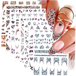 SHUXILIN 8Pcs Leopard Print Nail Art Stickers Decals Leopard Bow French Line Nail Decals 3D Self-Adhesive Black Tiny Bow French Nail Supplies Pink Brown Leopard Design Nail Stickers for Women Girls Manicure