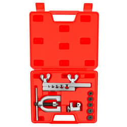 Flexzion Brake Line Flaring Tool Kit with Tubing Cutter - Single and Double Flare Tool Kit with 5 Adapters - 45 Degrees Brake Line Repair Kit for Copper, Aluminum, Brass, Magnesium, and Soft Steel