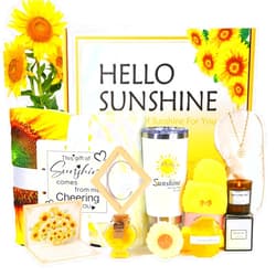 VUEJIC Sending Sunshine Care Package for Women-11 Pcs Sunflower Gifts.Get Well Soon Self Care Gifts Basket.Unique Women's Inspirational Relaxation Bath Set, Birthday Box for Gifts,CHEER HER UP! (Large Set)