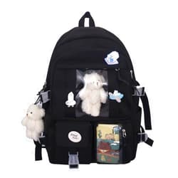 Etnoreun Kawaii Backpack with Cute Plush Pendant IDA Windows Pins Travel Daypack Spacious (Black)