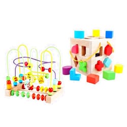 QZMTOY Wooden Shape Sorter（19pcs Blocks） and Fruits Bead Maze with Abacus for Toddlers