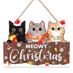 KAIRNE Meowy Christmas Wooden Hanging,Winter Snow Sign Xmas Wall Art,Merry Christmas Cat Wooden Sign(8x11.6inch) Happy Holiday Wall Decor Black Cats Sign Christmas gift For Cat Lover Decoration