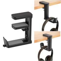 Ahonnpely Headphone Hook - Adjustable Clamp-on Headphone Holder, Under Desk Gaming Headset Holder Mount Hook with Rotating Clamp (Black)
