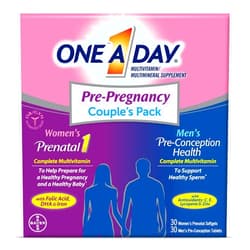 One A Day Men's & Women's Pre-Pregnancy Multivitamin Softgel including Vitamins A, Vitamin C, Vitamin D, B6, B12, Folic Acid & more, 30+30 Count, Supplement for Before, During, and Postnatal