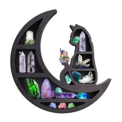 PerGar Cat Wooden Crystal Display Shelf, Cute Moon Phase Crystal Shelf, Wall Mounted Floating Shelves, Crescents Moon Phase Shelf for Crystals Stone, Essential Oil, Small Plant Art, Gothic(Cat on Moon)