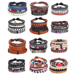 ORAZIO Mens Bracelet,Braided Leather Bracelets for Men Women,Tribal Handmade Wood Wrap Cuff Wristband Bracelets Set Adjustable