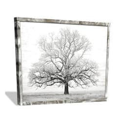 Hardy Gallery Wooden Winter Tree Wall Art: Farmhouse Foggy Landscape Picture Painting Print on Natural Wood with Handcrafted Rustic Wooden Framed Artwork (16” x 12”)