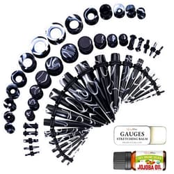BodyJ4You 48PC Ear Stretching Kit 14G-00G - Aftercare Jojoba Oil Balm Wax - Marble White Black Acrylic Plugs Gauge Tapers Silicone Tunnels - Lightweight Expanders Men Women