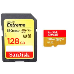 SanDisk 128GB Extreme SDXC UHS-I Memory Card & 128GB Extreme microSDXC UHS-I Memory Card with Adapter - Up to 190MB/s, C10, U3, V30, 4K, 5K, A2, Micro SD Card - SDSQXAA-128G-GN6MA 128GB Card + 128GB Memory Card