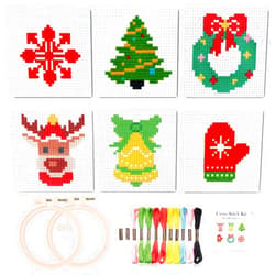 Pllieay Christmas Cross Stitch Beginner Kits for Kids 7-13, Includes 6pcs Project Cross Stitch Pattern and 2pcs Hoops, 14 Skeins Embroidery Floss, Needle Point Starter Kit Sewing Set with Instructions
