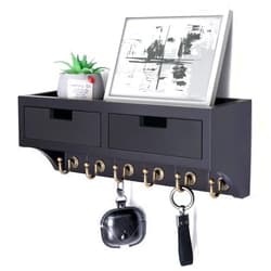 Rebee Vision Key Holder Wall Mount with 2 Drawer Organizer : Decorative Mail Organizer with 6 Key Hooks & Small Wall Shelf - Modern Home Decor for Apartment Essentials (Black)
