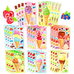 DUJAA 24 Sheets Make Your Own Ice Cream Stickers for Kids Toddlers, Dessert Stickers Make-a-face Stickers for Kids Party Favors, Summer Theme Ice Cream Sticker for Hawaii Tropical Party Decoration