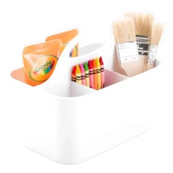 mDesign Plastic Portable Craft Storage Organizer Caddy Tote, Divided Basket Bin with Handle for Crafts, Sewing, Art Supplies - Holds Brushes, Colored Pencils - Lumiere Collection - White