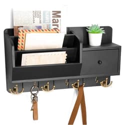 Rebee Vision Key Holder Wall Mount with Mail Sorter - Decorative Mail Organizer for Wall with Key Hooks and Drawer Organizer - Modern Home Essentials for Room Decor (Black)